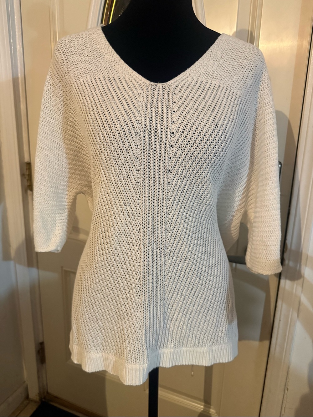 Chaps White V-Neck Open Knit Sweater